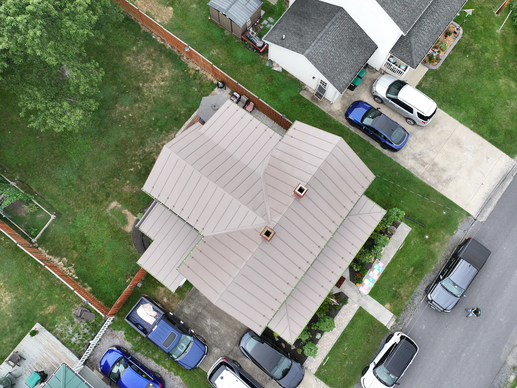 Aerial view of the completed standing seam metal roof in Woodstock, Virginia